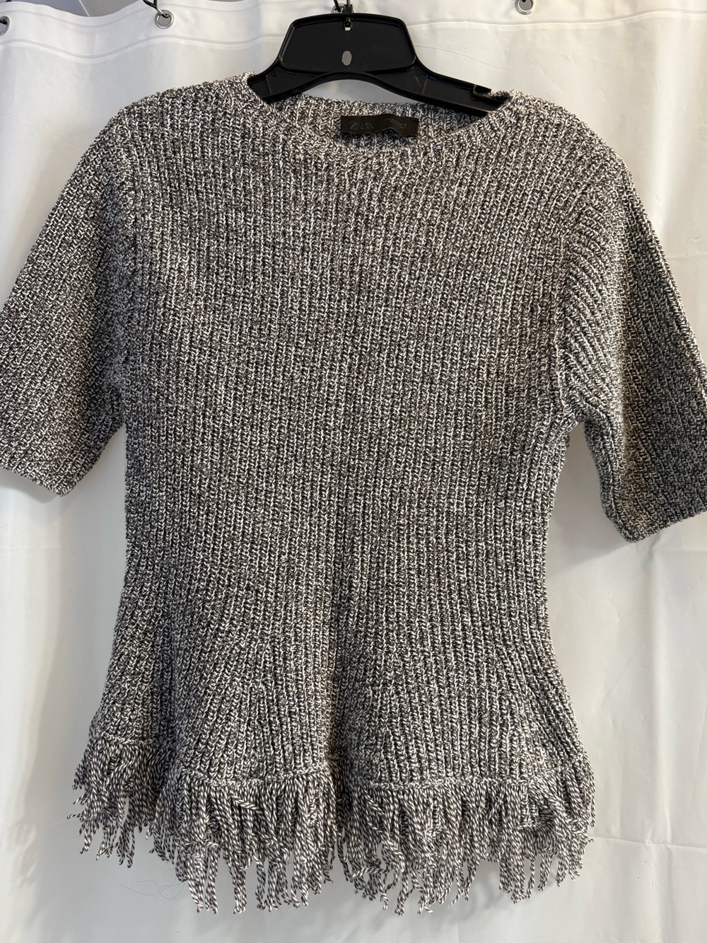 Zara Marled Taupe/Brown Ribbed Knit Top with Fringe Trim- Medium - Picture 2 of 3